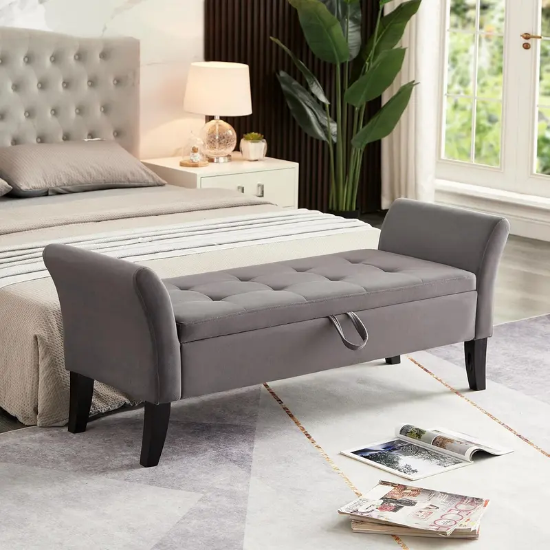 Furniliving Modern Storage Ottoman Bench — Upholstered Sherpa Fabric Bench with Solid Wood Legs & Hidden Interior Compartment