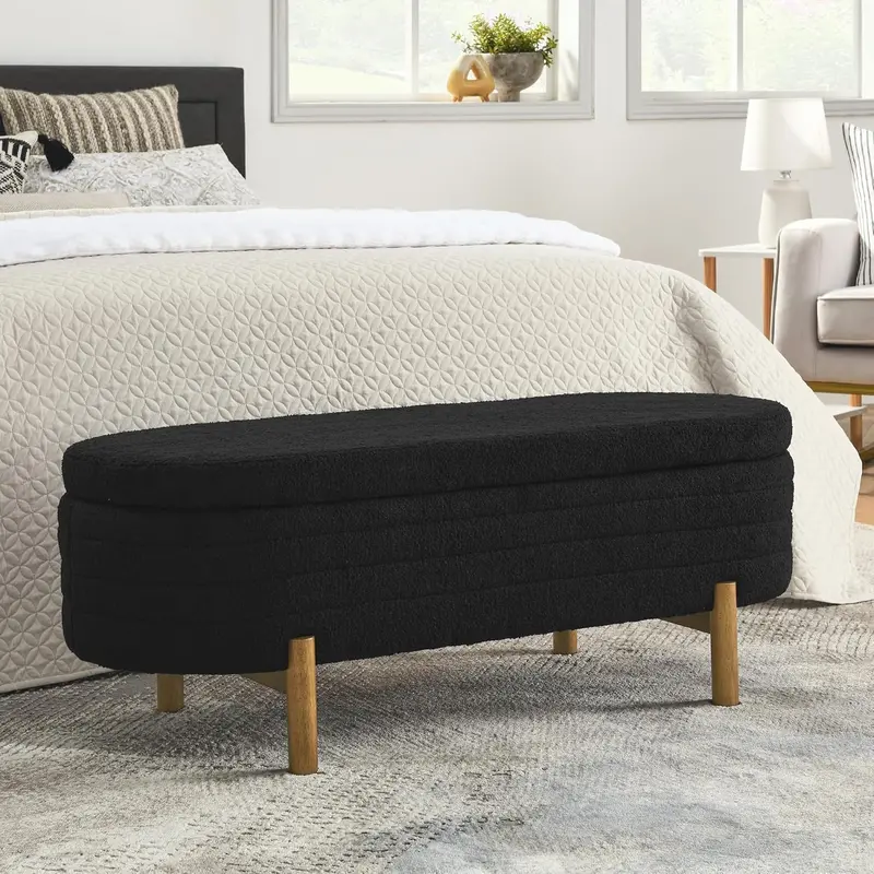 Furniliving Modern Storage Ottoman Bench — Upholstered Sherpa Fabric Bench with Solid Wood Legs & Hidden Interior Compartment