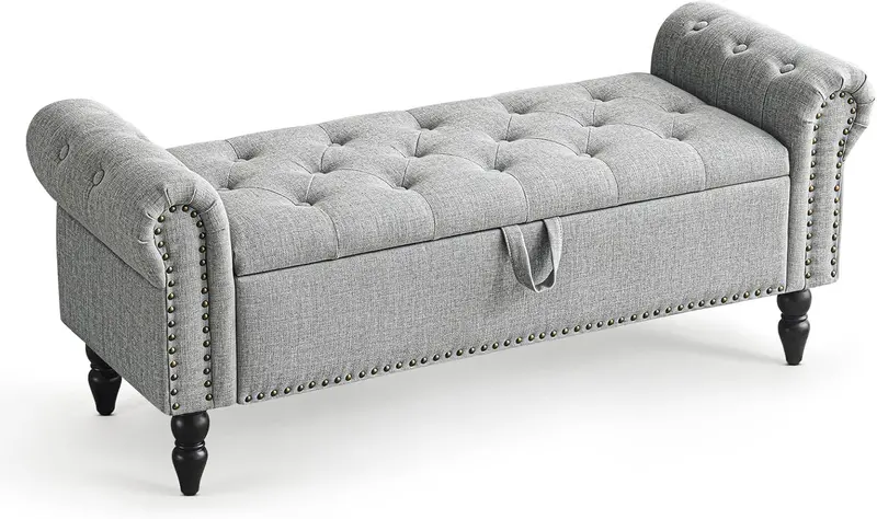 Furniliving Modern Storage Ottoman Bench — Upholstered Sherpa Fabric Bench with Solid Wood Legs & Hidden Interior Compartment