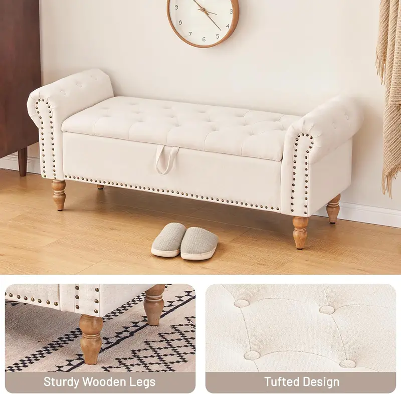 Furniliving Modern Storage Ottoman Bench — Upholstered Sherpa Fabric Bench with Solid Wood Legs & Hidden Interior Compartment