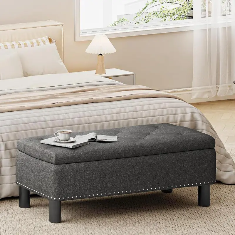 Furniliving Modern Storage Ottoman Bench — Upholstered Sherpa Fabric Bench with Solid Wood Legs & Hidden Interior Compartment