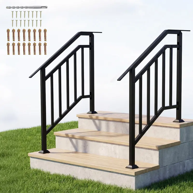 Galvanized 3-Step Outdoor Handrail Set with Angle-Adjustable Brackets (2-Pack)