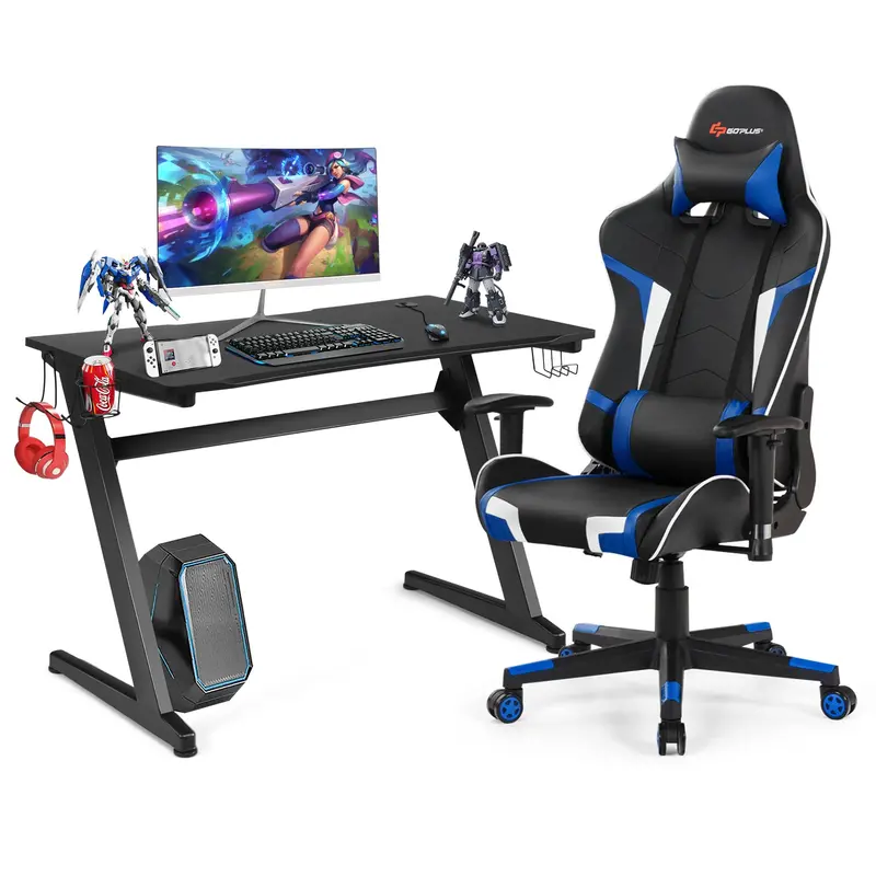 Gaming Workstation Bundle: Racing Chair + Desk Featuring Cup Holder, Headphone Hook & Built-in Mouse Pad