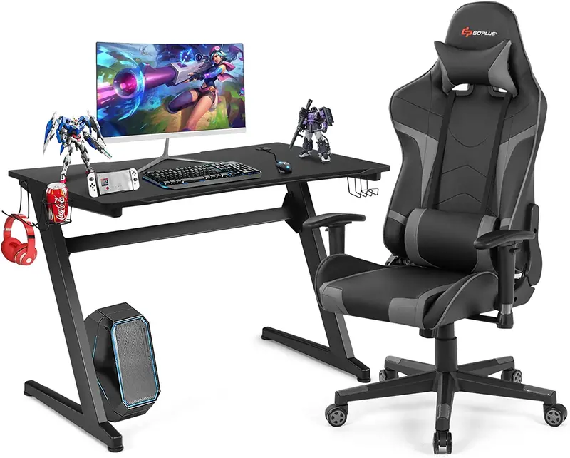 Gaming Workstation Bundle: Racing Chair + Desk Featuring Cup Holder, Headphone Hook & Built-in Mouse Pad