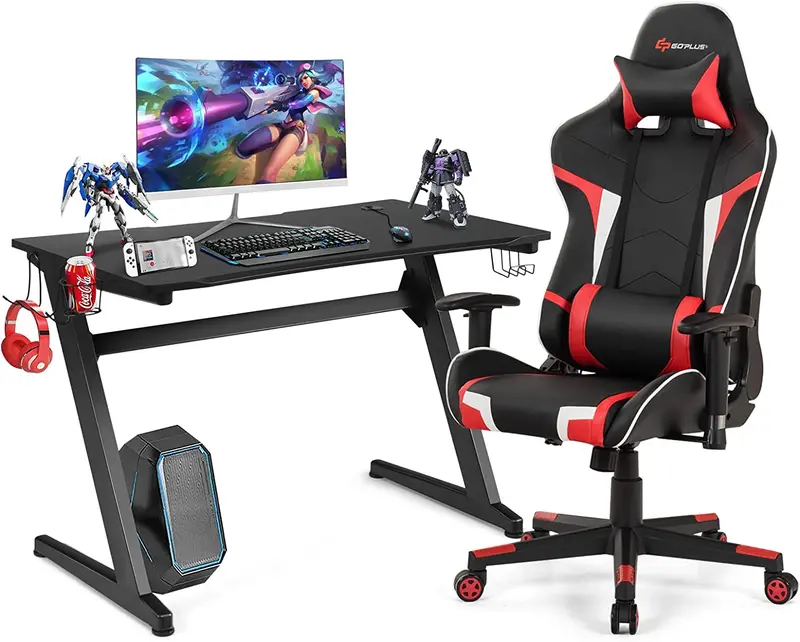 Gaming Workstation Bundle: Racing Chair + Desk Featuring Cup Holder, Headphone Hook & Built-in Mouse Pad