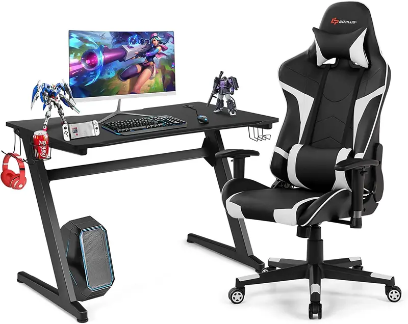 Gaming Workstation Bundle: Racing Chair + Desk Featuring Cup Holder, Headphone Hook & Built-in Mouse Pad