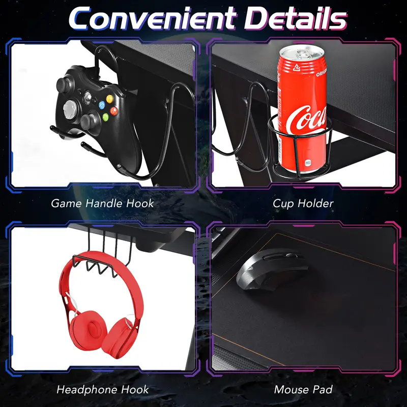 Gaming Workstation Bundle: Racing Chair + Desk Featuring Cup Holder, Headphone Hook & Built-in Mouse Pad