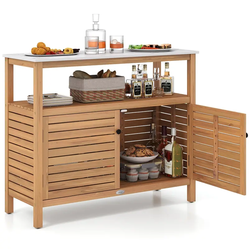 Garden Potting Bench with Storage – Two-Door Acacia Cabinet & Faux Marble Work Surface