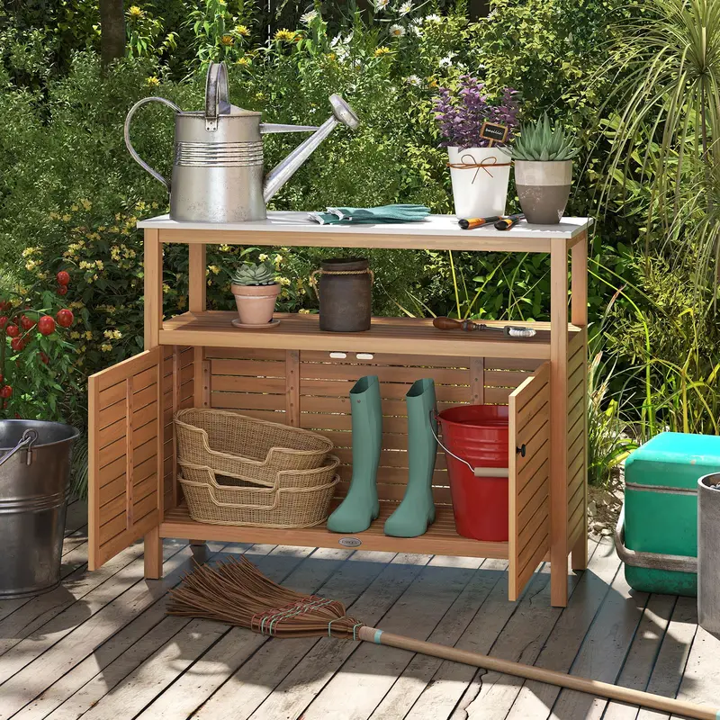 Garden Potting Bench with Storage – Two-Door Acacia Cabinet & Faux Marble Work Surface 2