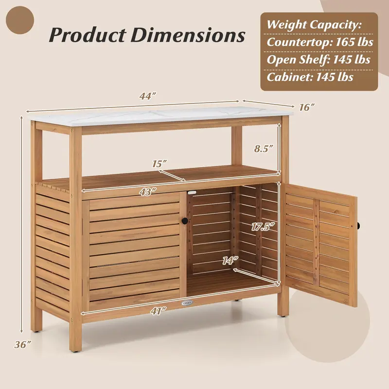 Garden Potting Bench with Storage – Two-Door Acacia Cabinet & Faux Marble Work Surface