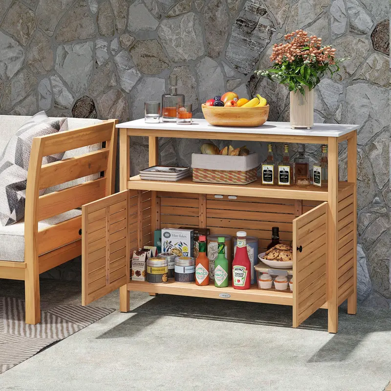 Garden Potting Bench with Storage – Two-Door Acacia Cabinet & Faux Marble Work Surface