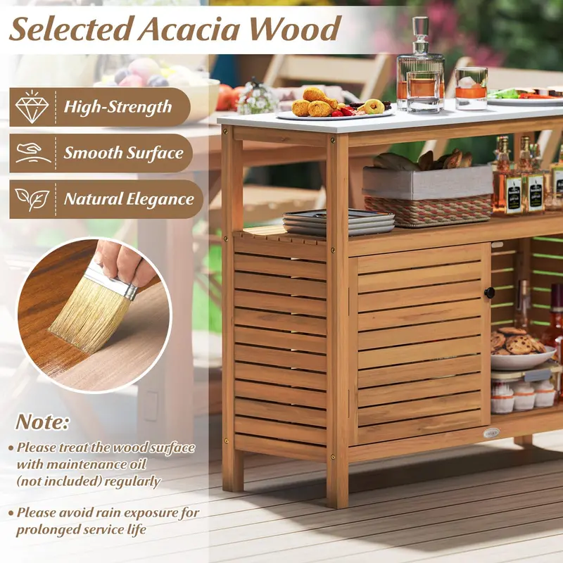 Garden Potting Bench with Storage – Two-Door Acacia Cabinet & Faux Marble Work Surface