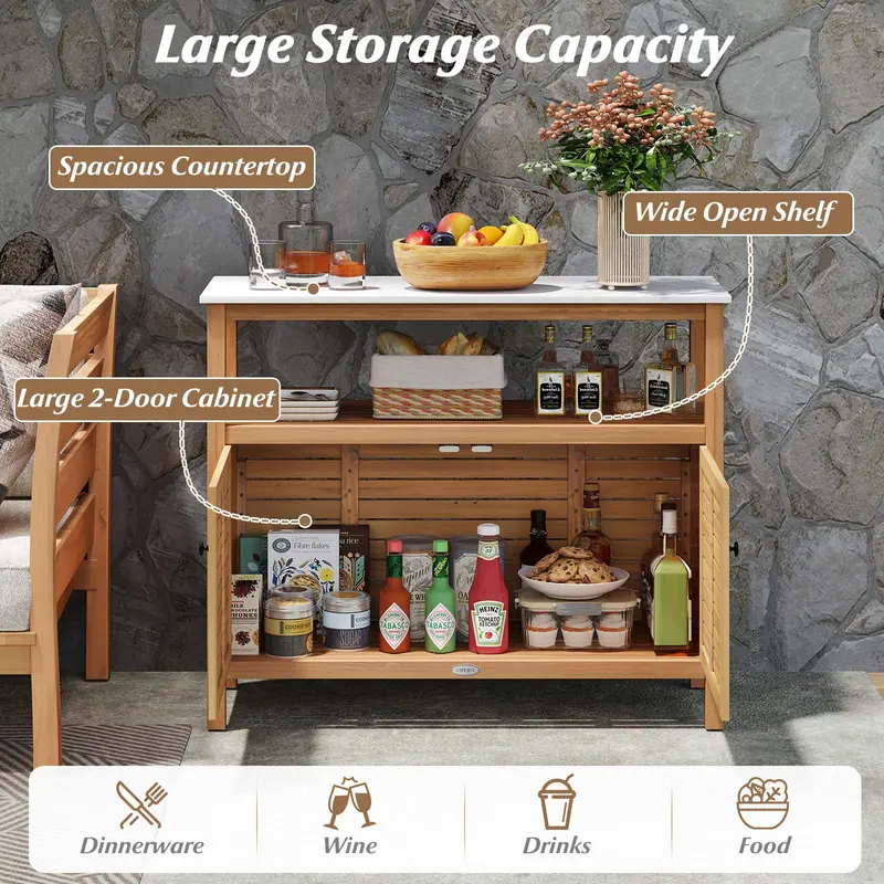 Garden Potting Bench with Storage – Two-Door Acacia Cabinet & Faux Marble Work Surface