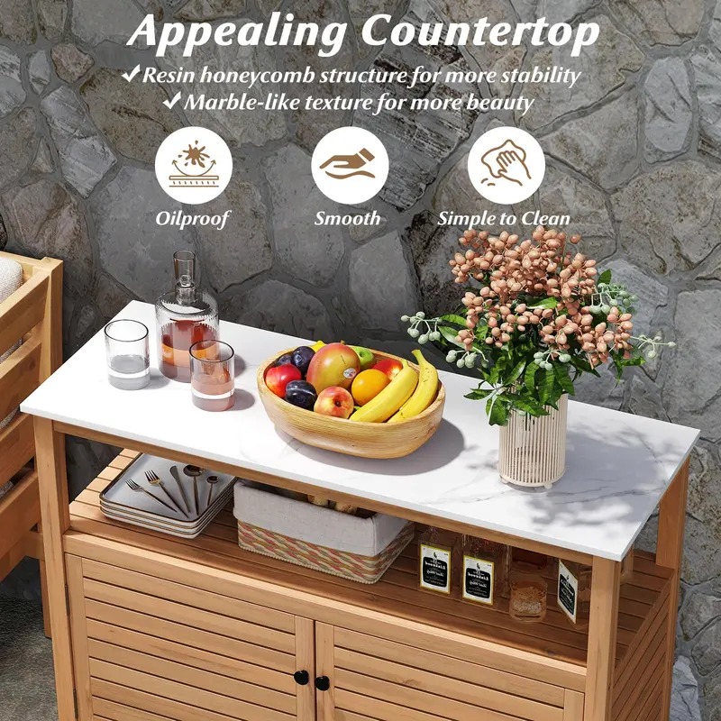 Garden Potting Bench with Storage – Two-Door Acacia Cabinet & Faux Marble Work Surface