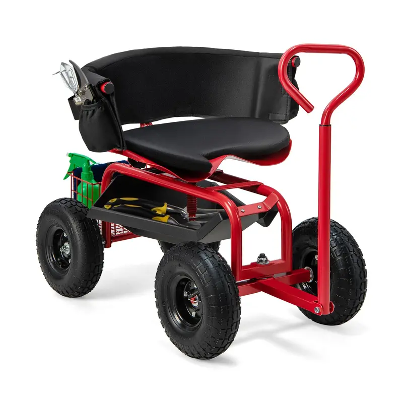 Garden Scooter Cart with Swivel Seat, Mobile Outdoor Workstation with 360° Rotation