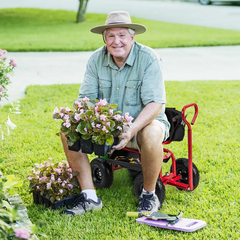Garden Scooter Cart with Swivel Seat, Mobile Outdoor Workstation with 360° Rotation 2