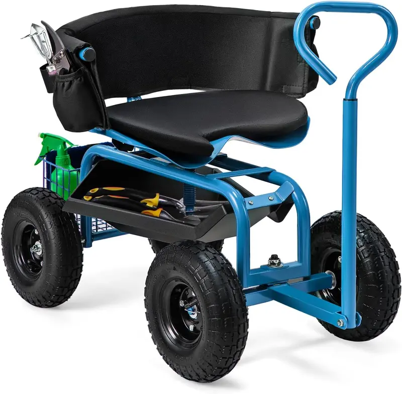 Garden Scooter Cart with Swivel Seat, Mobile Outdoor Workstation with 360° Rotation