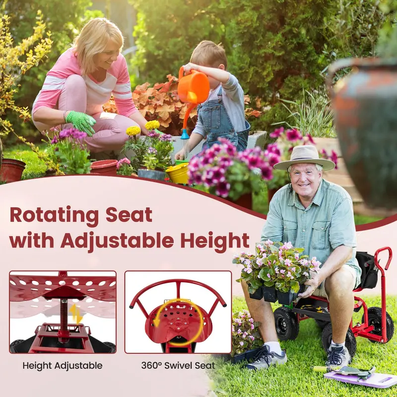 Garden Scooter Cart with Swivel Seat, Mobile Outdoor Workstation with 360° Rotation