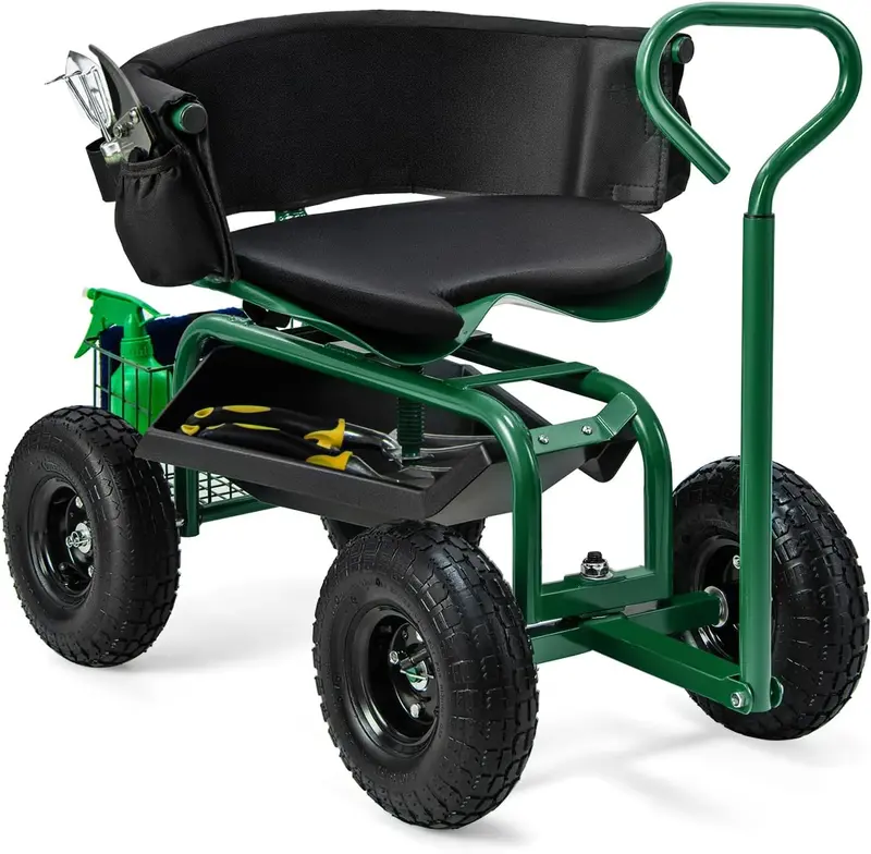 Garden Scooter Cart with Swivel Seat, Mobile Outdoor Workstation with 360° Rotation