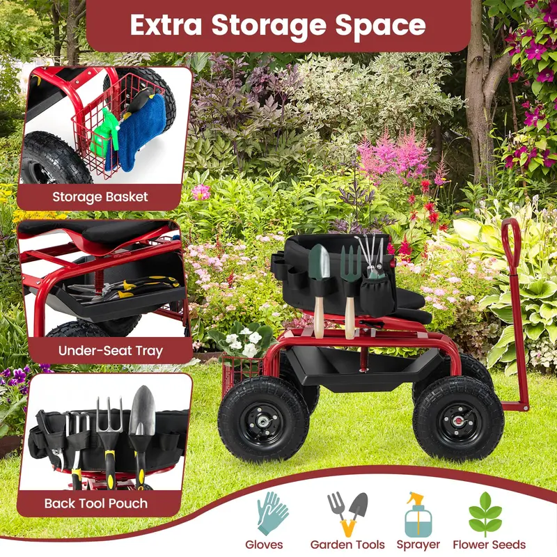 Garden Scooter Cart with Swivel Seat, Mobile Outdoor Workstation with 360° Rotation