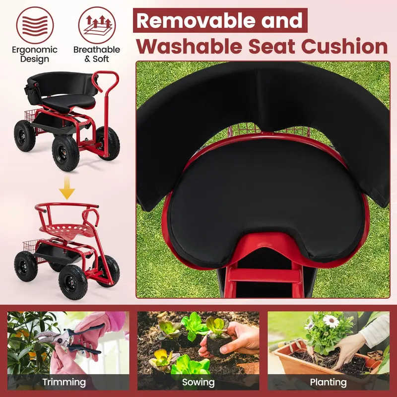 Garden Scooter Cart with Swivel Seat, Mobile Outdoor Workstation with 360° Rotation