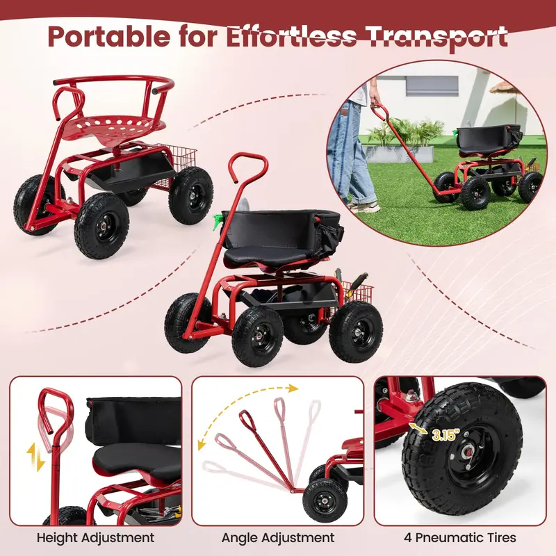 Garden Scooter Cart with Swivel Seat, Mobile Outdoor Workstation with 360° Rotation