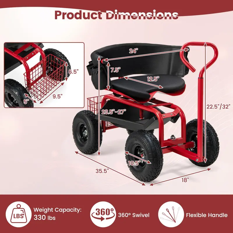 Garden Scooter Cart with Swivel Seat, Mobile Outdoor Workstation with 360° Rotation