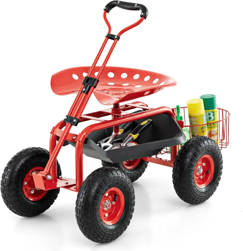 Garden Utility Wagon with Seat – 38"L x 17"W x 21"H Rolling Planting Cart