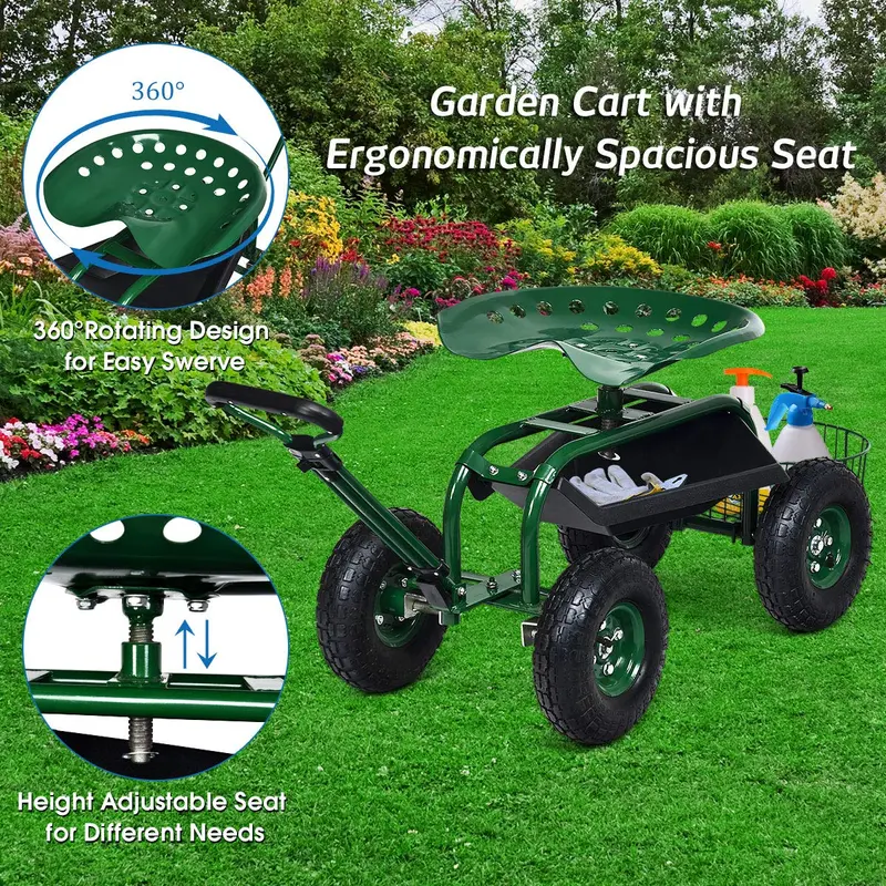 Garden Utility Wagon with Seat – 38"L x 17"W x 21"H Rolling Planting Cart