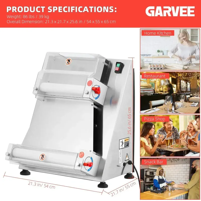 Garvee Automatic Pizza Dough Sheeter – 16" Max Width, 370W Stainless Steel Roller for Pasta, Noodles & Bread