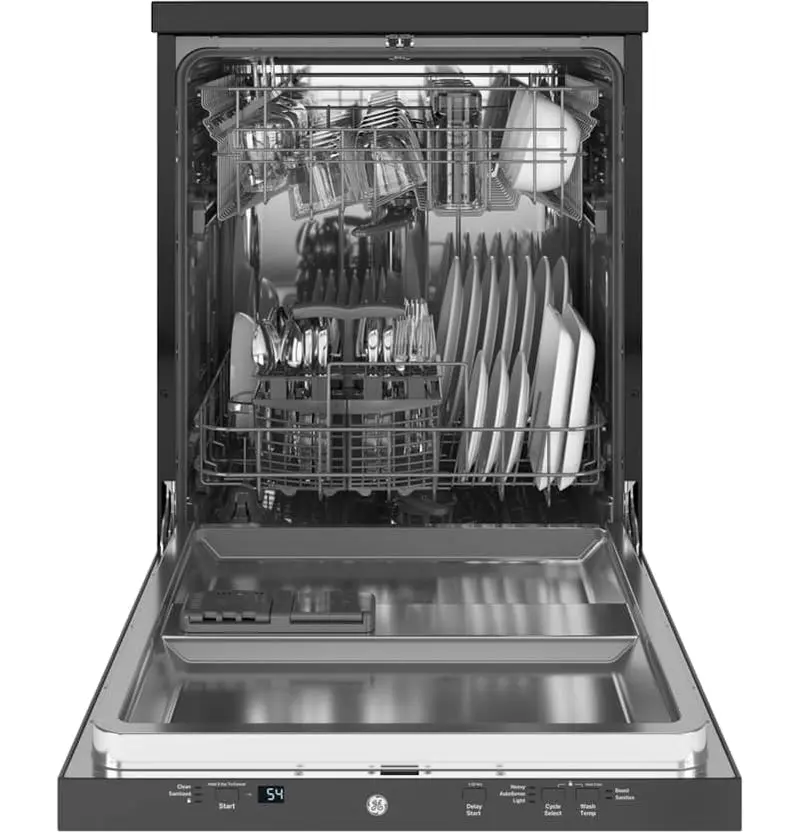 GE Portable Dishwasher – 24" Stainless Steel Unit with Sanitize Cycle, Compact Design