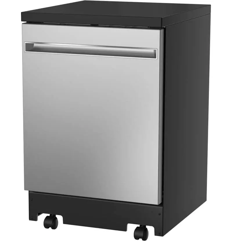 GE Portable Dishwasher – 24" Stainless Steel Unit with Sanitize Cycle, Compact Design