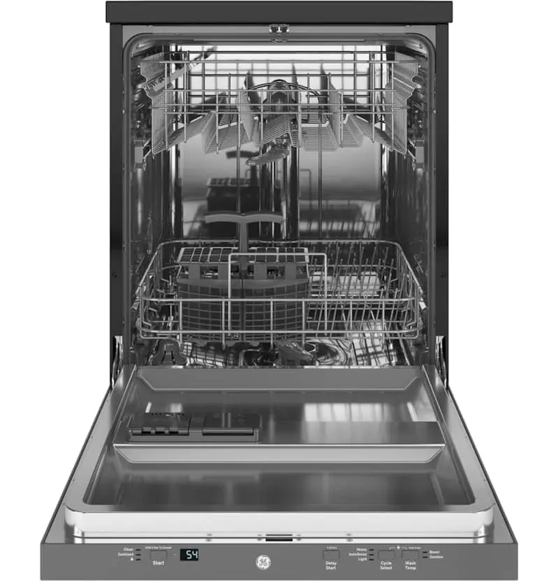 GE Portable Dishwasher – 24" Stainless Steel Unit with Sanitize Cycle, Compact Design