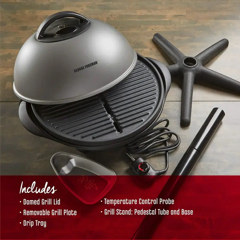 George Foreman Silver Electric Grill – 12+ Servings, Adjustable Temperature, Large Cooking Surface