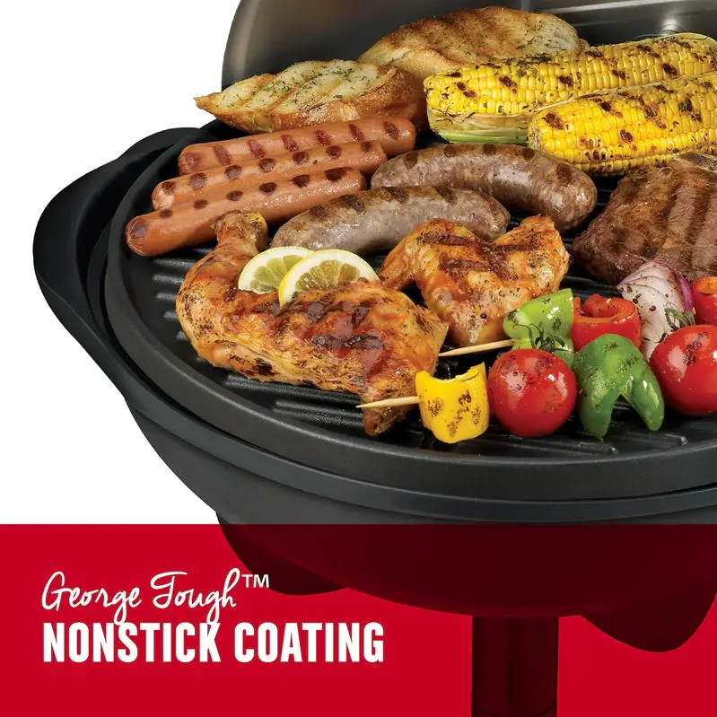 George Foreman Silver Electric Grill – 12+ Servings, Adjustable Temperature, Large Cooking Surface