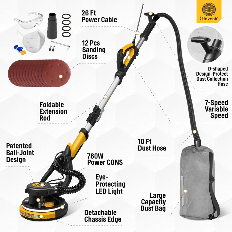 Giovent Electric Popcorn Ceiling Sander – Drywall Sanding Tool with Integrated Vacuum