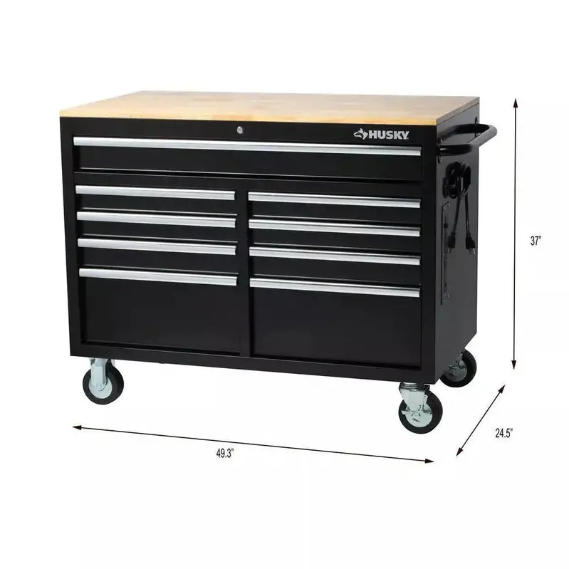 Gloss Black 9-Drawer Mobile Tool Chest Workbench with Power Strip and Solid Wood Top