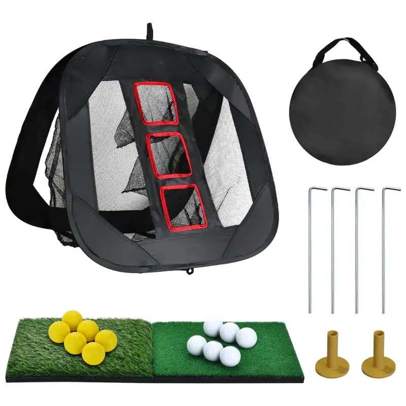 Golf Chipping Net System with Pop-Up Target, Hitting Mats, Balls, and Storage Bag