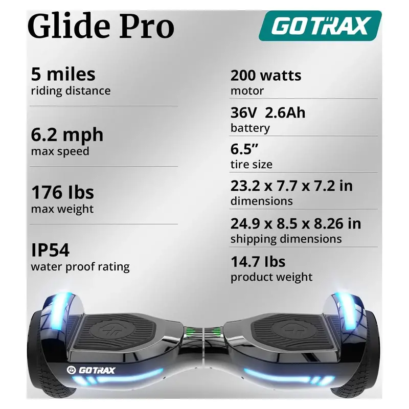 GOTRAX GLIDE PRO Bluetooth Hoverboard – 6.5" Wheels, 7-Color LED Lights, Self-Balancing Scooter (44–176 lbs)