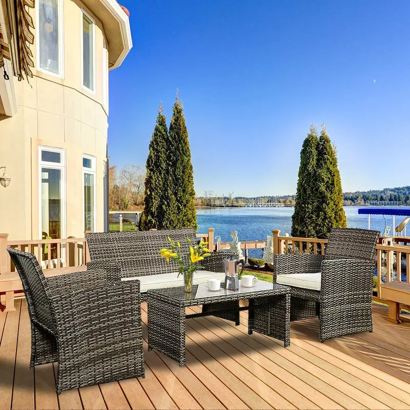 Gray-Mix 4-Piece Wicker Patio Set – Garden, Lawn, Pool, and Backyard Furniture