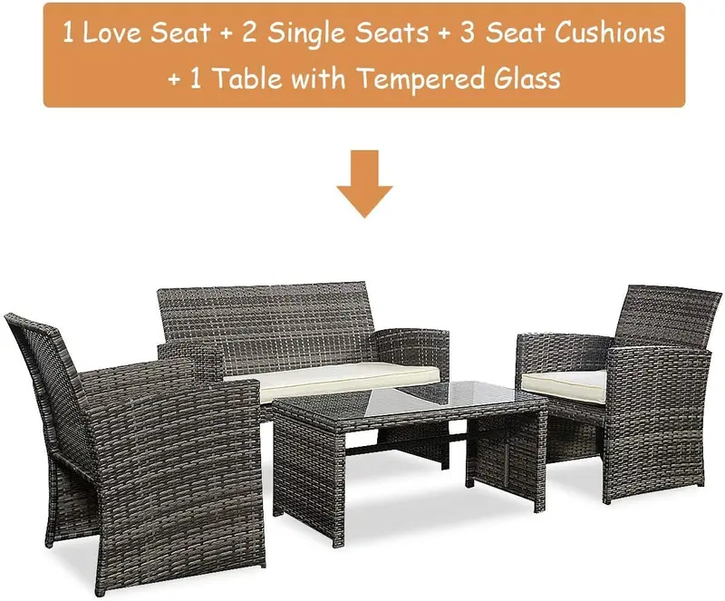 Gray-Mix 4-Piece Wicker Patio Set – Garden, Lawn, Pool, and Backyard Furniture