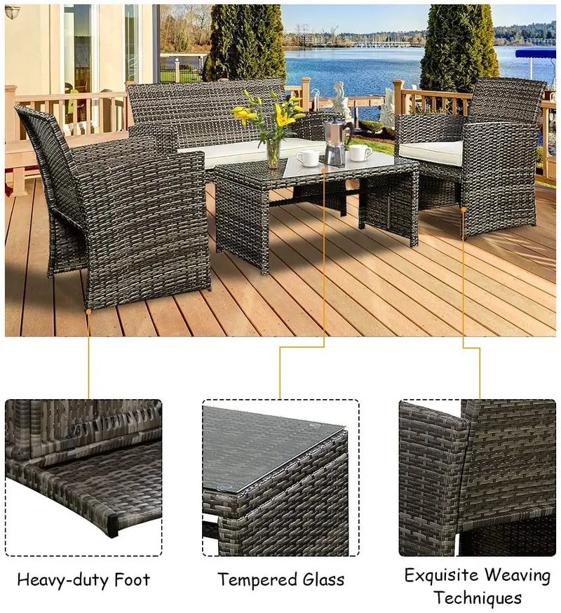 Gray-Mix 4-Piece Wicker Patio Set – Garden, Lawn, Pool, and Backyard Furniture