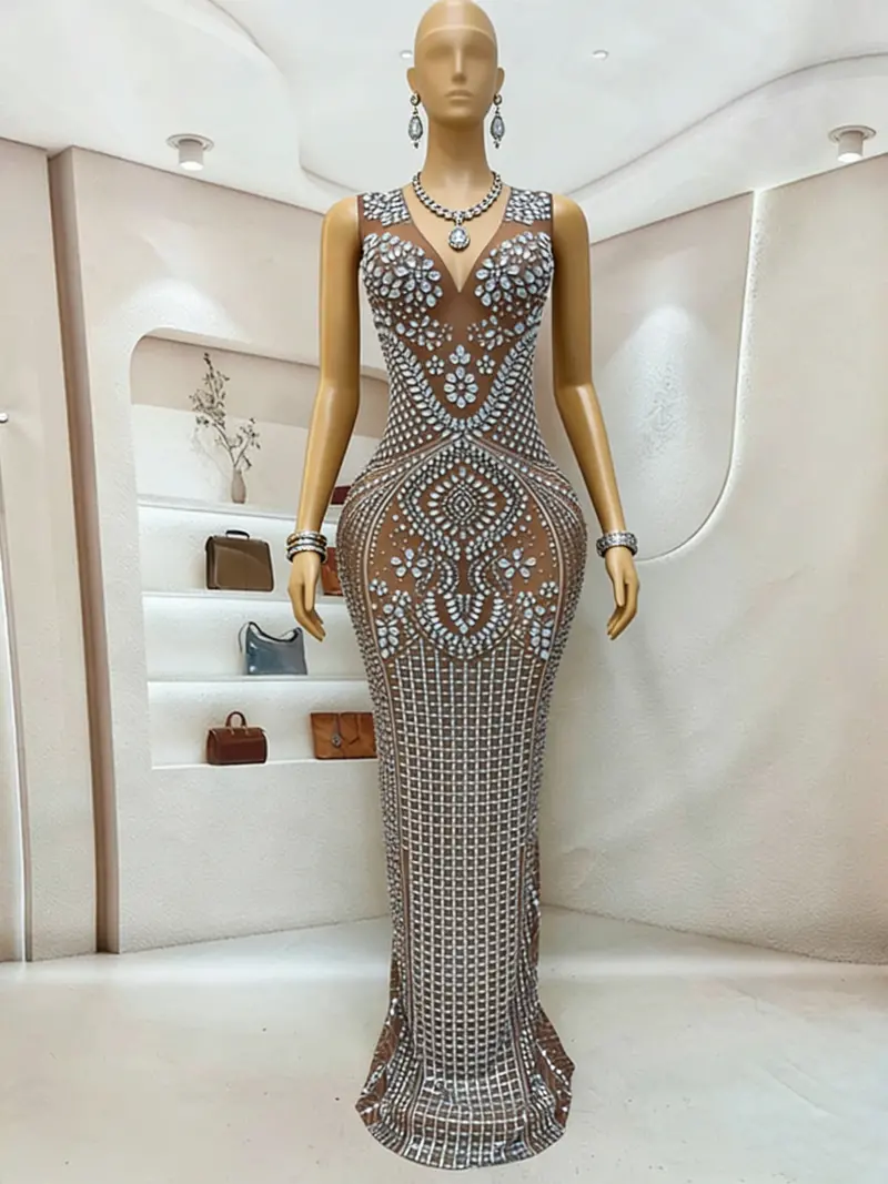 Grey Rhinestone Mermaid Evening Gown – Sheer Mesh Sleeveless Formal Dress with Floor-Length Silhouette