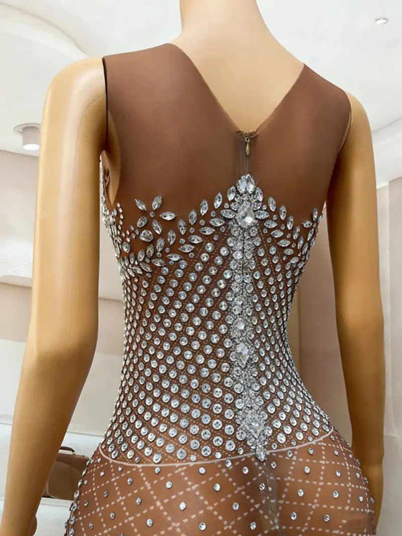 Grey Rhinestone Mermaid Evening Gown – Sheer Mesh Sleeveless Formal Dress with Floor-Length Silhouette