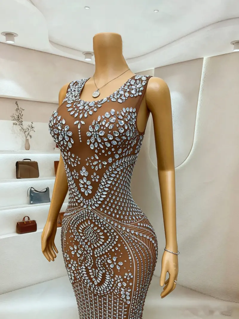 Grey Rhinestone Mermaid Evening Gown – Sheer Mesh Sleeveless Formal Dress with Floor-Length Silhouette