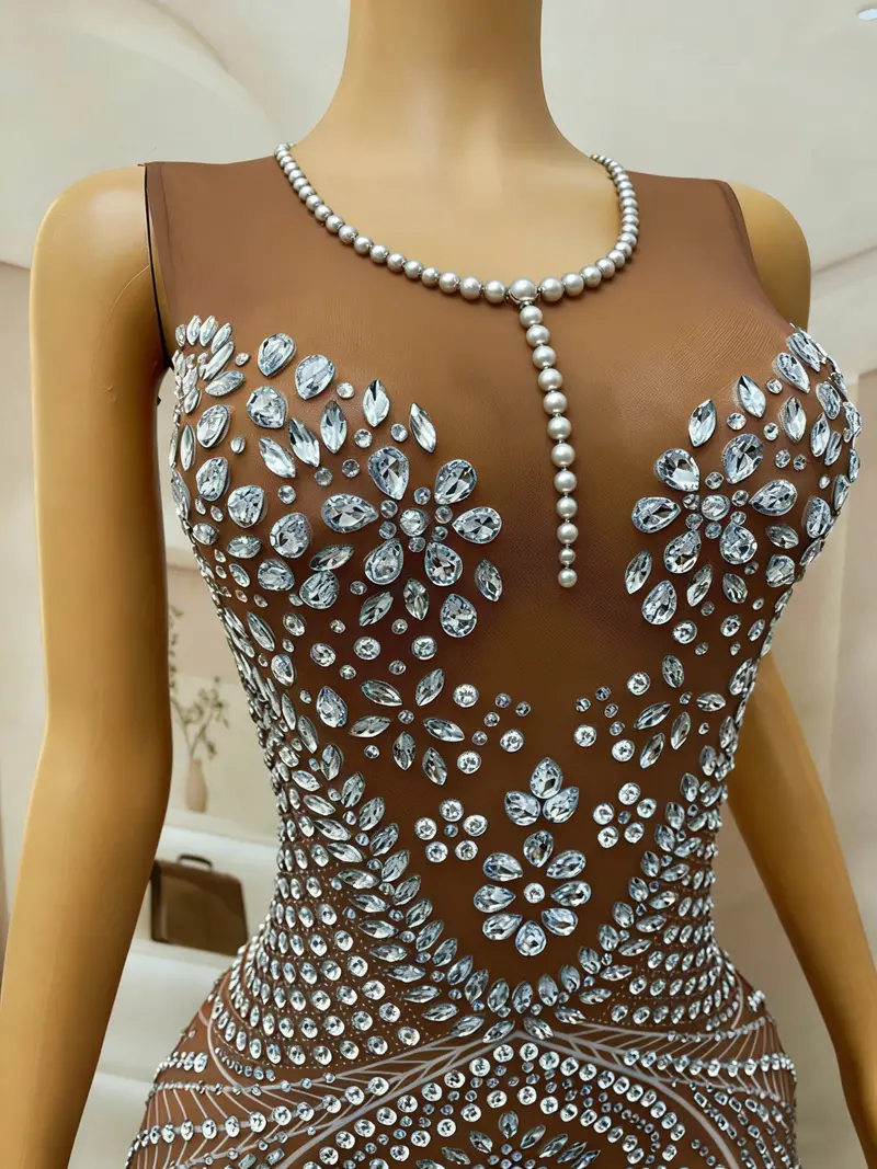 Grey Rhinestone Mermaid Evening Gown – Sheer Mesh Sleeveless Formal Dress with Floor-Length Silhouette