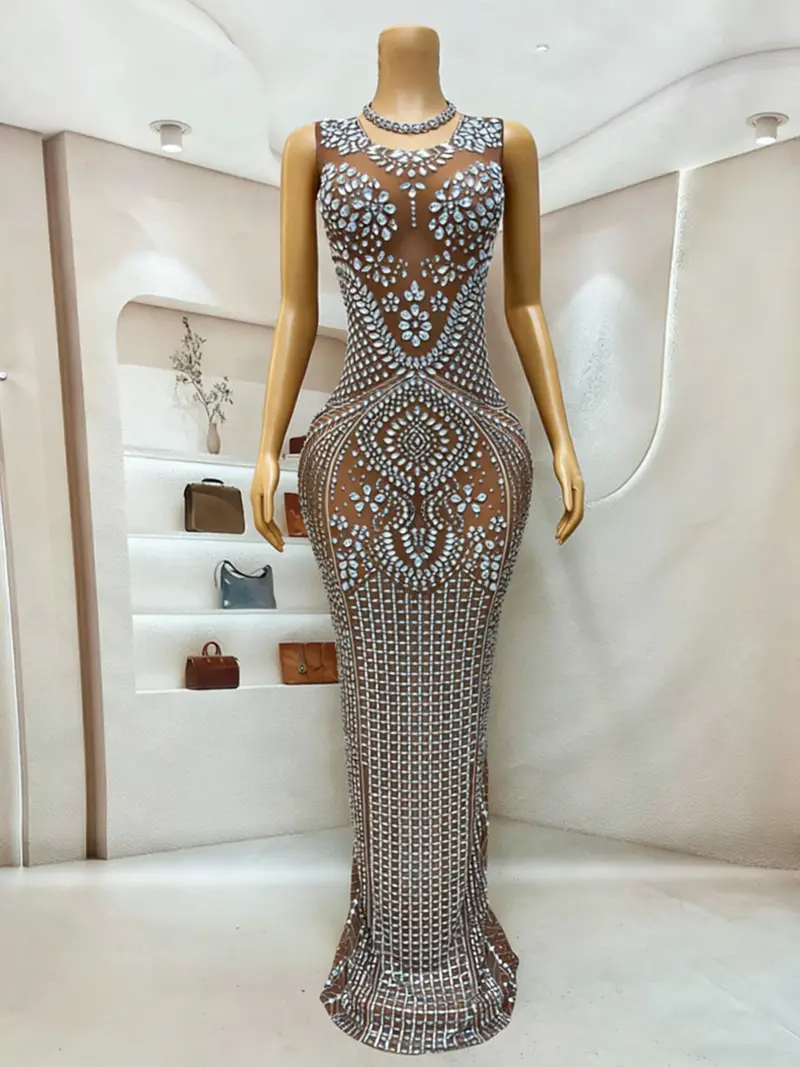 Grey Rhinestone Mermaid Evening Gown – Sheer Mesh Sleeveless Formal Dress with Floor-Length Silhouette