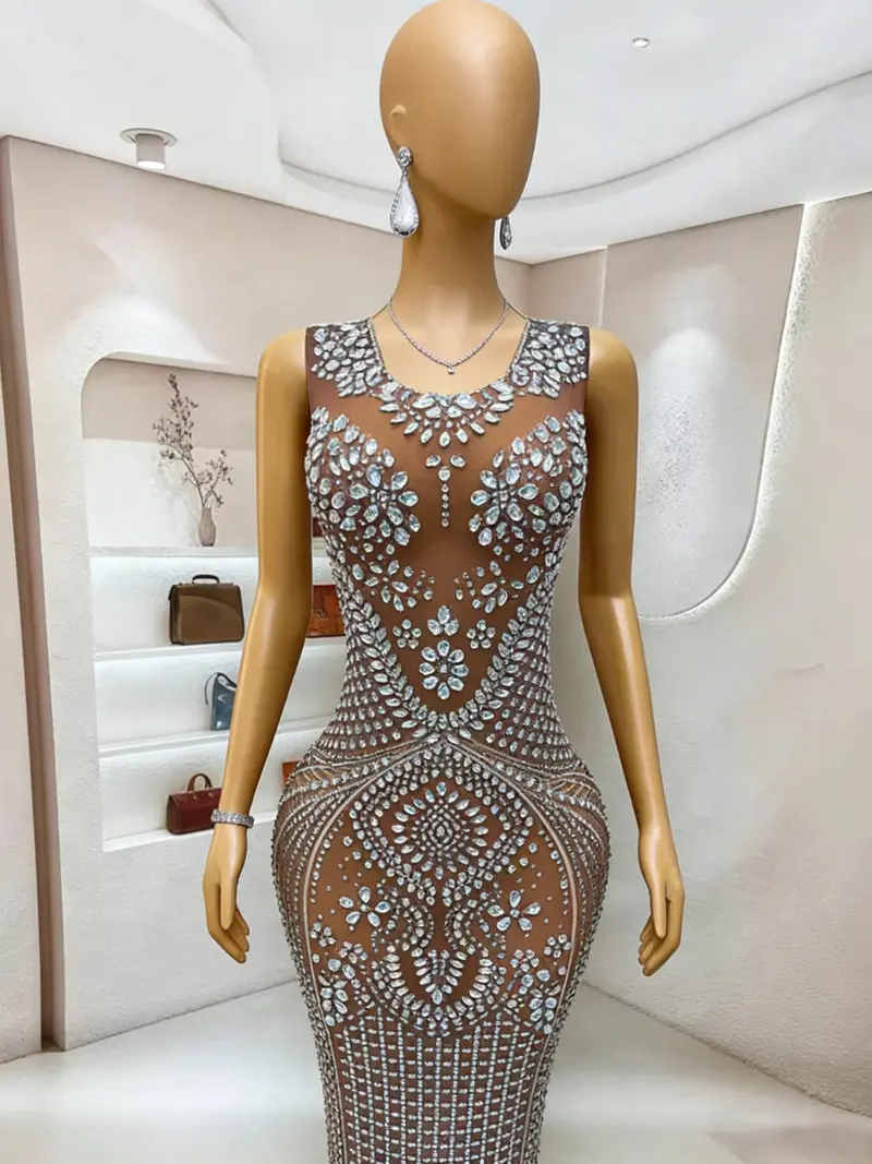 Grey Rhinestone Mermaid Evening Gown – Sheer Mesh Sleeveless Formal Dress with Floor-Length Silhouette 6