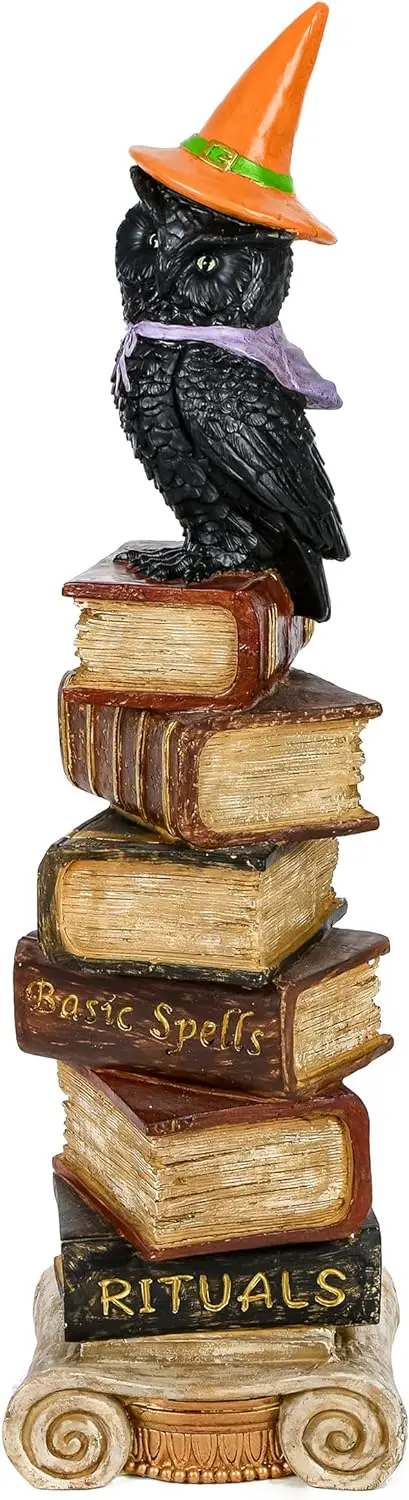 Halloween-Themed Owl Statue Perched on Stack of Books