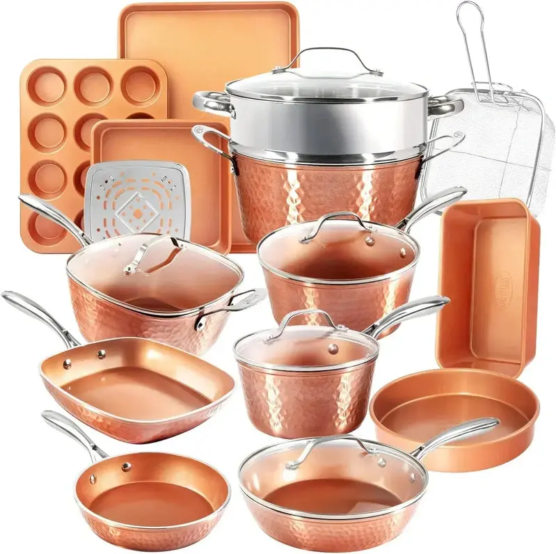 Hammered Copper 20-Piece Ceramic Cookware Set – Non-Toxic, PFOA- and PFOS-Free Nonstick Pots, Pans, Bakeware, Oven- and Dishwasher-Safe